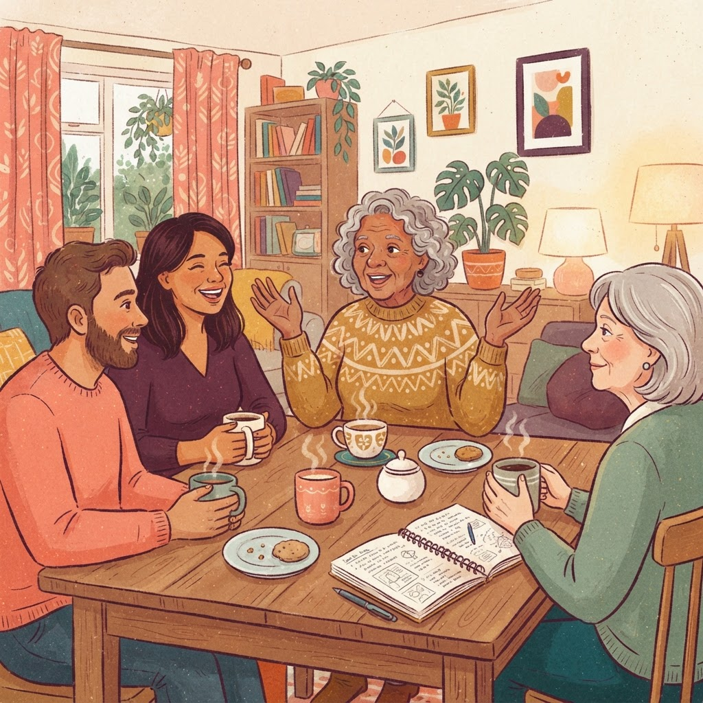 Buurtbewoners delen verhalen met elkaar rond de keukentafel
